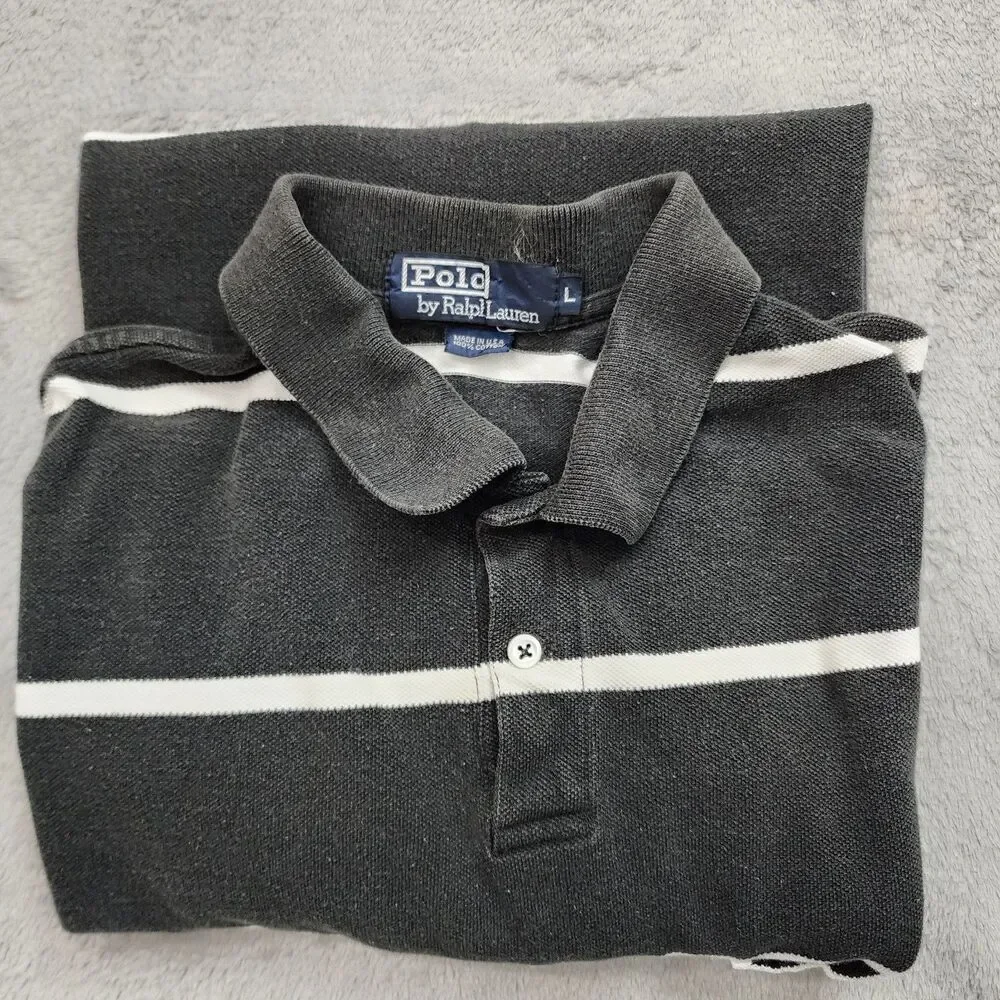 VTG Polo Ralph Lauren Mens Sz L Black & White Stripes 100 Cotton USA Made Pocket